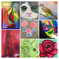 Workshops kleurrijk schilderen met acrylverf, art-journal of collage maken.